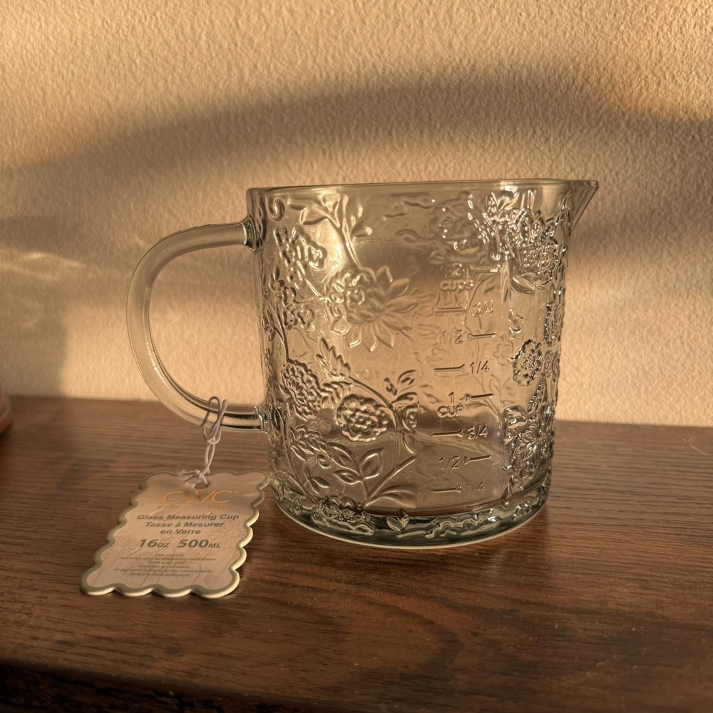 CWC Cook With Color Green Floral Glass Measuring Cup 16oz ~ 2 Cups NEW